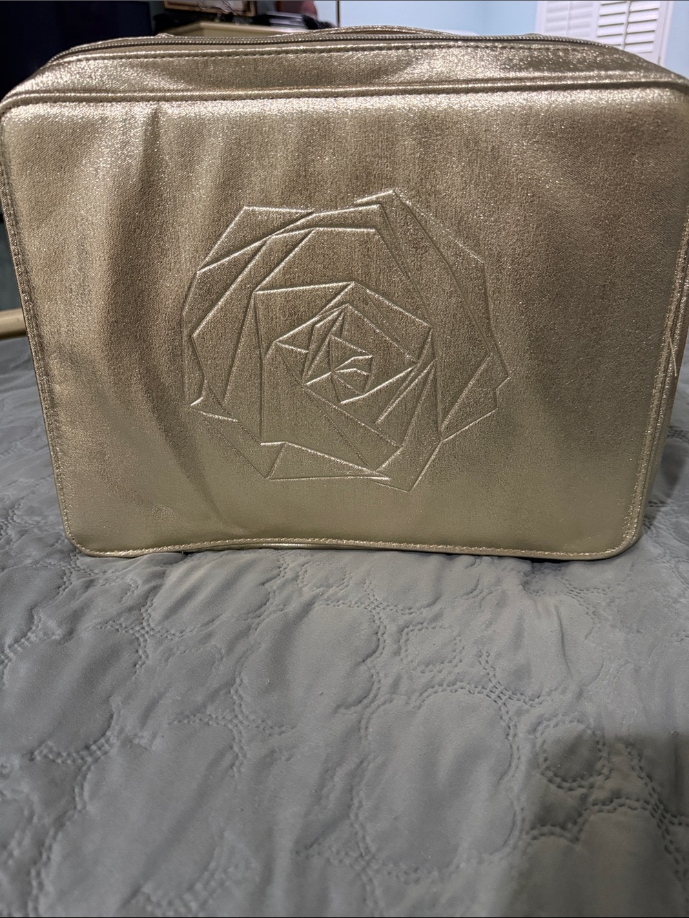 Lancome Metallic Gold Cosmetic Travel Case with Embossed Rose